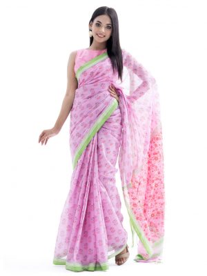 Pink all-over printed Cotton Saree with contrast green border. Embellished with embroidery on the achal.