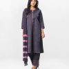 A-line salwar kameez in crepe fabric. Three quarter sleeved, karchupi on the collar and placket. Tie-dye dupatta with pant-style pajamas.