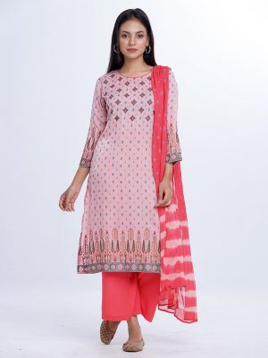 Pink all-over printed Salwar Kameez in textured Silk-blend and viscose fabric. The Kameez is designed with a round neck and three-quarter sleeves. Embellished with karchupi at the top front and cuffs. Single button opening at the back. Complemented by palazzo pants and a half-silk dupatta.