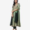 Silk & Viscose blended gown style Salwar Kameez. Bell sleeved, boat neckline and karchupi with beads. Printed chiffon dupatta with pant-style pajamas.