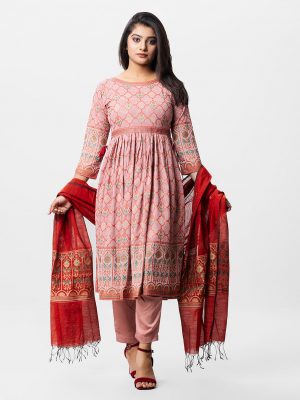 A-line style pink salwar kameez in georgette fabric. Three quarter sleeved, boat neck. Gathers from the waist line.