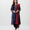 A-line salwar kameez in viscose fabric. Three quater sleeved, keyhole round neckline with embroidery at front. Half-silk dupatta with pant-style pajamas.