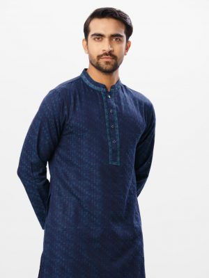 Blue semi-fitted Panjabi in Jacquard Cotton fabric. Designed with minimal karchupi on the collar and placket.