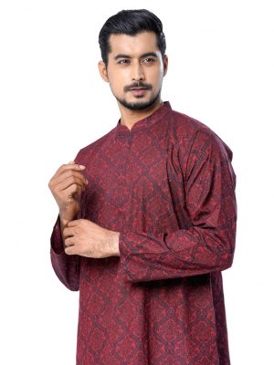 Maroon semi-fitted Panjabi in printed Cotton fabric. Designed with a mandarin collar and hidden button placket.