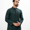 Green semi-fitted Panjabi in Jacquard Cotton fabric. Embellished with embroidery on the collar and placket.