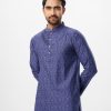 Blue semi fitted Panjabi in Jacquard Cotton fabric. Designed with a mandarin collar and matching metal button on the placket. Embellished with pin tucks at the top front.