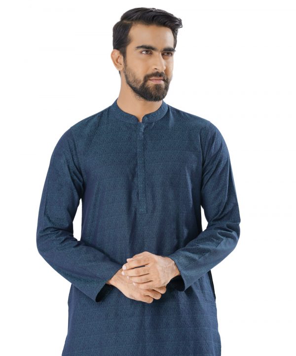 Teal semi-fitted Panjabi in Jacquard Cotton fabric. Designed with a mandarin collar and hidden button placket.