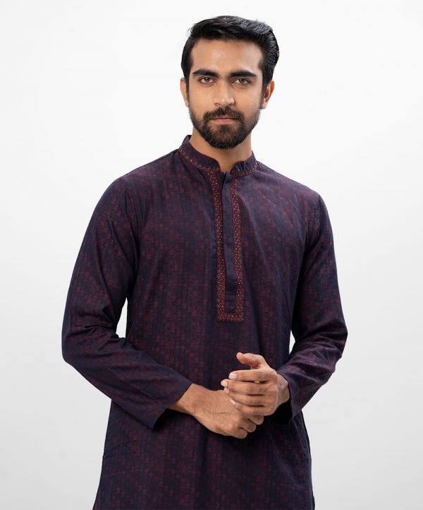 Blue semi-fitted Panjabi in jacquard Cotton fabric. Designed with karchupi on the collar and hidden button placket.