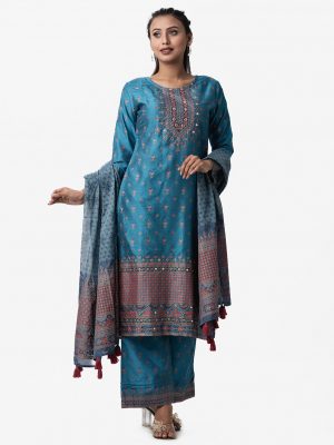 Printed blue straight salwar kameez in silk fabric. Quarter sleeved and karchupi with mirror. Half-silk dupatta and palazzo pants.