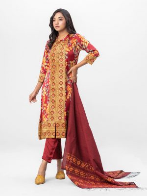 Design Georgette Printed straight salwar kameez in crepe fabric. Three quarter sleeved and manderian collar. Half-silk dupatta with crepe pant-style pajamas.