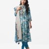 Exclusive viscose blended salwar kameez from Nargisus by Le Reve. Floral printed, mandarin collar, three quarter sleeves, embroidery and tie-cord design at both sides waist.