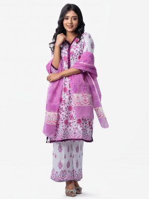 Floral printed straight salwar kameez in viscose fabric. Patch work on neck, placket, sleeves and bottom. Half-silk dupatta with palazzo pants.