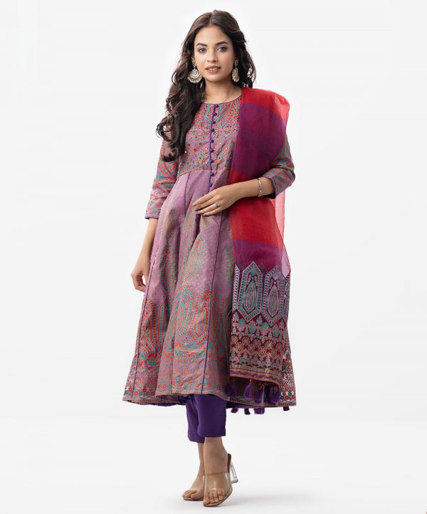 Women's exclusive salwar kameez set in muslin silk fabric from Nargisus by Le Reve. Quarter sleeved, blue piping, karchupi with beads and mirror work. Muslin dupatta with crepe pant-style pajamas.