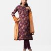 Floral printed straight salwar kameez in crepe fabric. Three quarter sleeved, boat neck and karchupi with mirror at front. Muslin dupatta with pant-style pajamas.