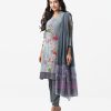 Design Georgette Printed straight salwar kameez. Three quarter sleeved and karchupi work. Chiffon dupatta with crepe pant-style pajamas.