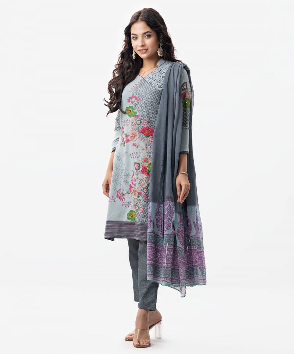 Design Georgette Printed straight salwar kameez. Three quarter sleeved and karchupi work. Chiffon dupatta with crepe pant-style pajamas.