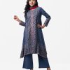 Geometric printed A-line salwar kameez in viscose fabric. Full sleeved, band neck, pattern with loop button and elongated hem. Chiffon dupatta with palazzo pants.