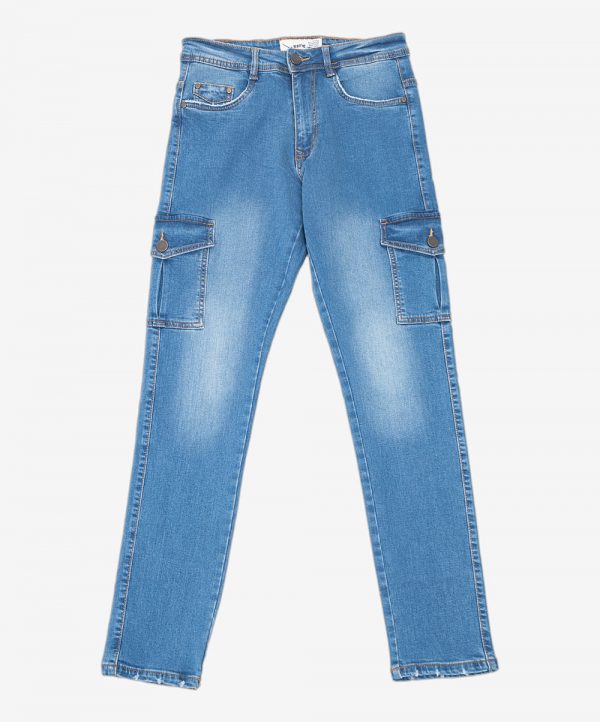 Men's jeans in cotton spandex denim fabric. Seven pockets including two utility pockets in both sides, button fastening on the front and zipper fly.