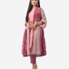 Women's ethnic printed salwar kameez in georgette fabric. Band collar, three-quarter sleeves, embroidery at front. Georgette Inner, siphon dupatta with crepe palazzo pants.