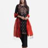 Women's straight salwar kameez in viscose fabric. Boat neck, full sleeved. Karchupi at the front. Half silk dupatta with viscose palazzo pants.